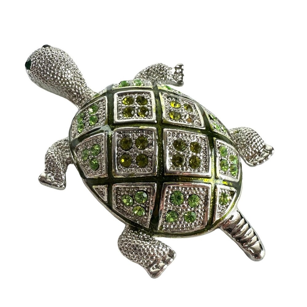Jeweled Turtle Brooch With Green Rhinestones Silver Tone